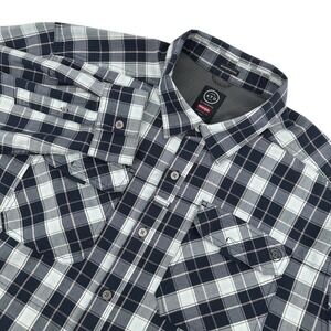 Wrangler ATG Men XXL Navy Blue Plaid Hidden‎ Chest Pocket Shirt Long Sleeve